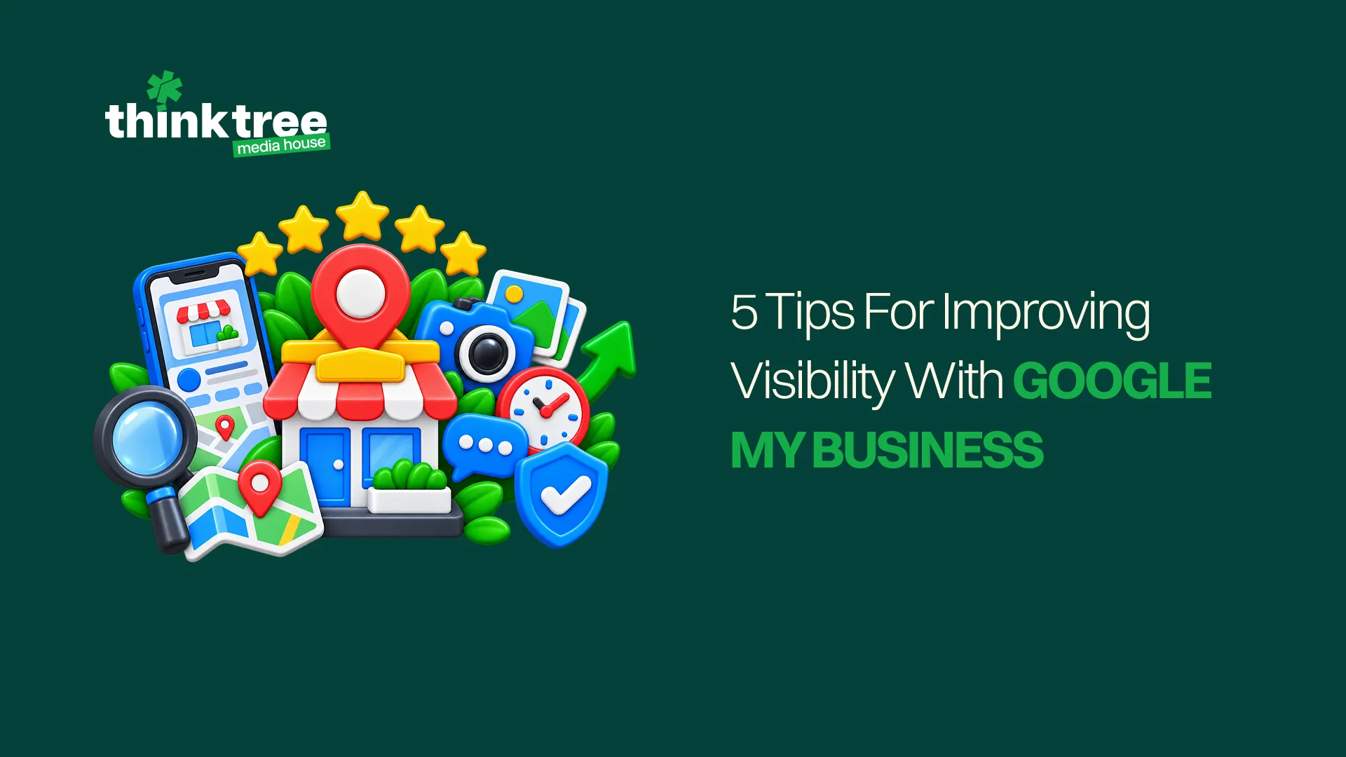 Google My Business graphic highlighting local visibility, search, and business listing optimization.